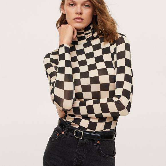 Checkered turtleneck long-sleeved knit top - Picture 1 of 11